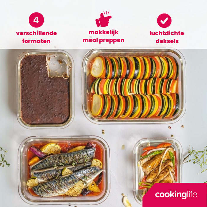 Sareva Glazen Vershoudbakje Cook & Fresh - Rechthoek - 4-delig