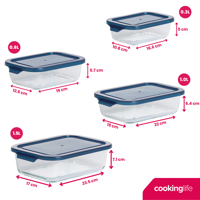 Sareva Glazen Vershoudbakje Cook & Fresh - Rechthoek - 4-delig