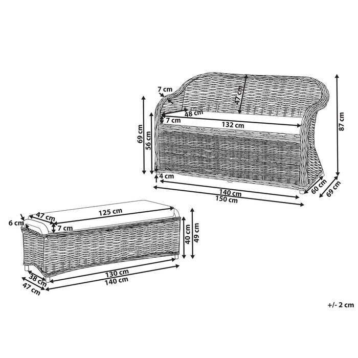 Beliani - SUSUA - Tweezitsbank met ottomaan - Gebroken wit - Rotan