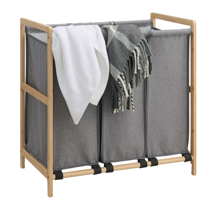 Wasmand - Wassorteerder met 3 Vakken - Stof | Bamboe - Grijs