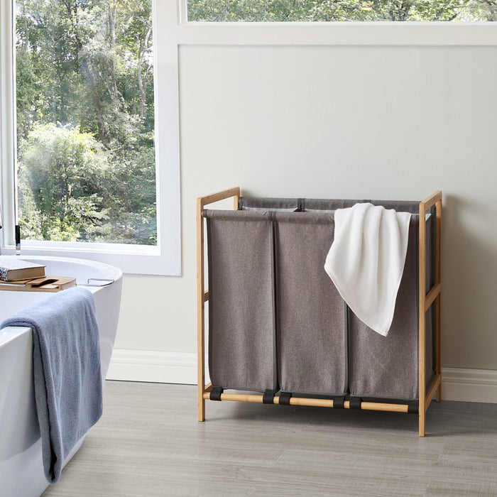 Wasmand - Wassorteerder met 3 Vakken - Stof | Bamboe - Grijs