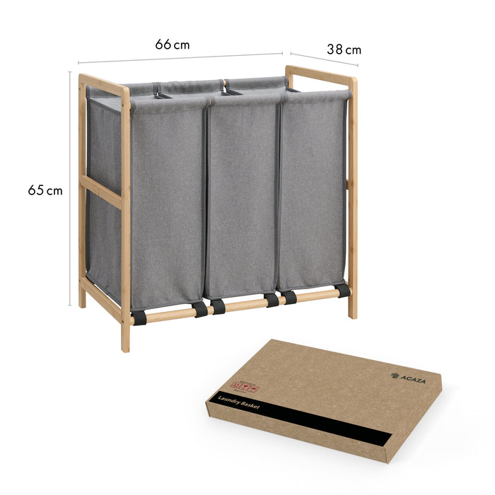 Wasmand - Wassorteerder met 3 Vakken - Stof | Bamboe - Grijs