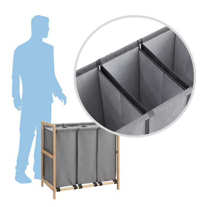 Wasmand - Wassorteerder met 3 Vakken - Stof | Bamboe - Grijs