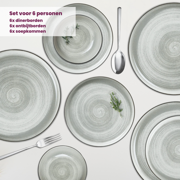 Cosy & Trendy Serviesset Baltic Grey 18-delig | 6 personen - 6 borden, 6 diepe borden en 6 schaaltjes