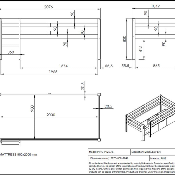 LUCEVI - Pino Halfhoogslaper met Ladder 90x200cm - Wit - H85CM