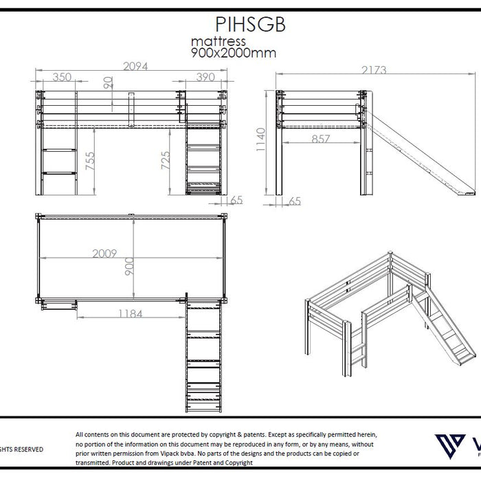 Vipack Pino Hoogslaper met glijbaan - naturel