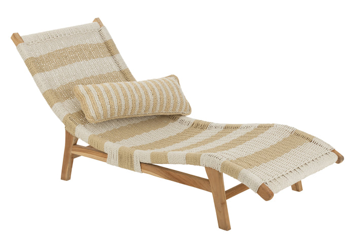 J-Line ligzetel + kussen Strepen Geweven - teak - wit|naturel
