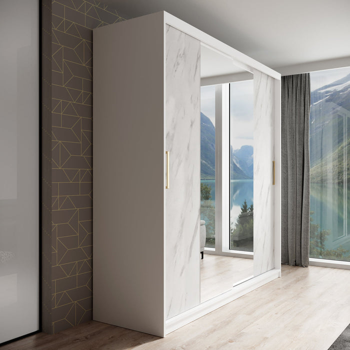 Meubella - Kledingkast Marmer 2 - Wit - 200 cm - Met spiegel