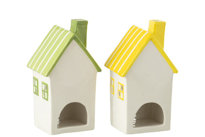 J-Line theelichthouder Huis Dolomiet - keramiek - geel|groen - 2 stuks