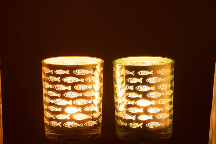 J-Line windlicht Vissen - glas - beige|blauw - small - 2 stuks