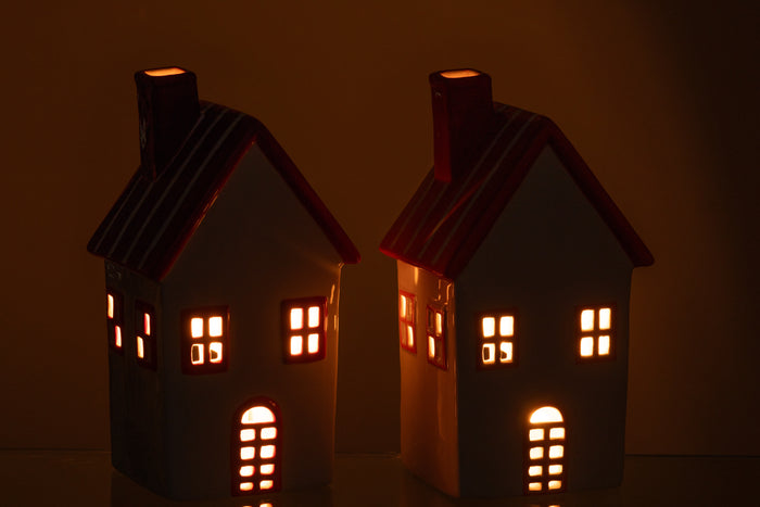 J-Line theelichthouder Huis Dolomiet - keramiek - oranje|rood - 2 stuks