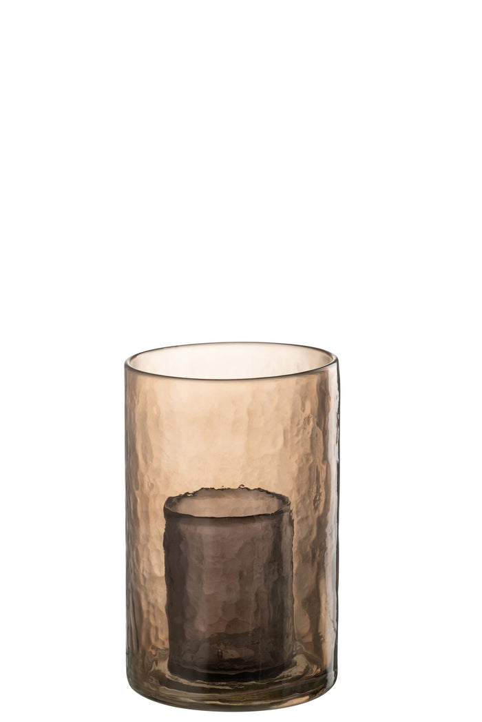 J-line - Theelichthouder Dubbel Glas Oker Small - 12.5x12.5x20.5cm