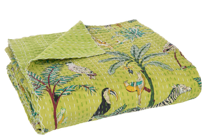 J-line - Plaid Mat Exotisch Dieren Katoen Groen Large - 270x220x0.5cm