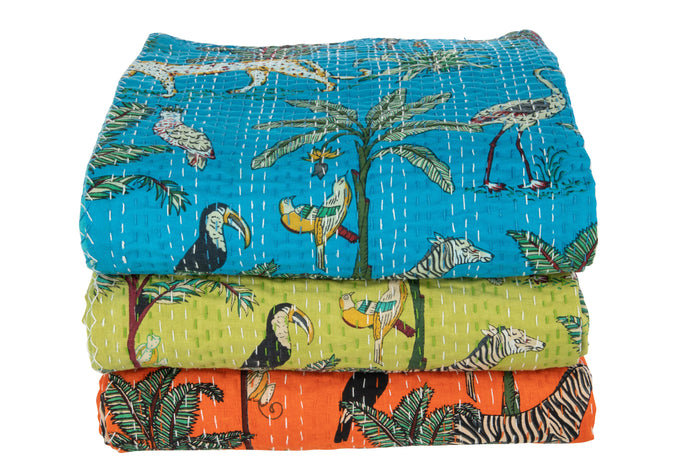 J-line - Plaid Mat Exotisch Dieren Katoen Groen Large - 270x220x0.5cm