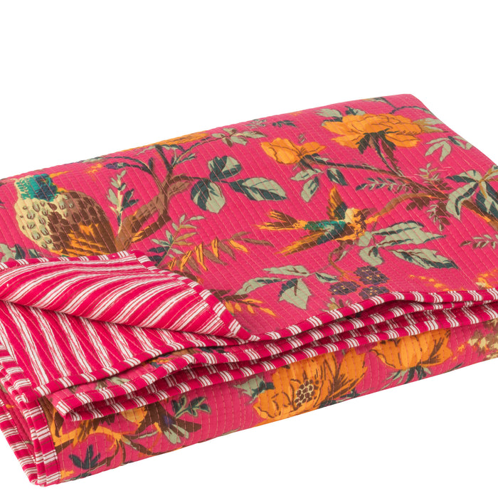 J-Line deken Vogels|Bloemen - katoen|fluweel - roze