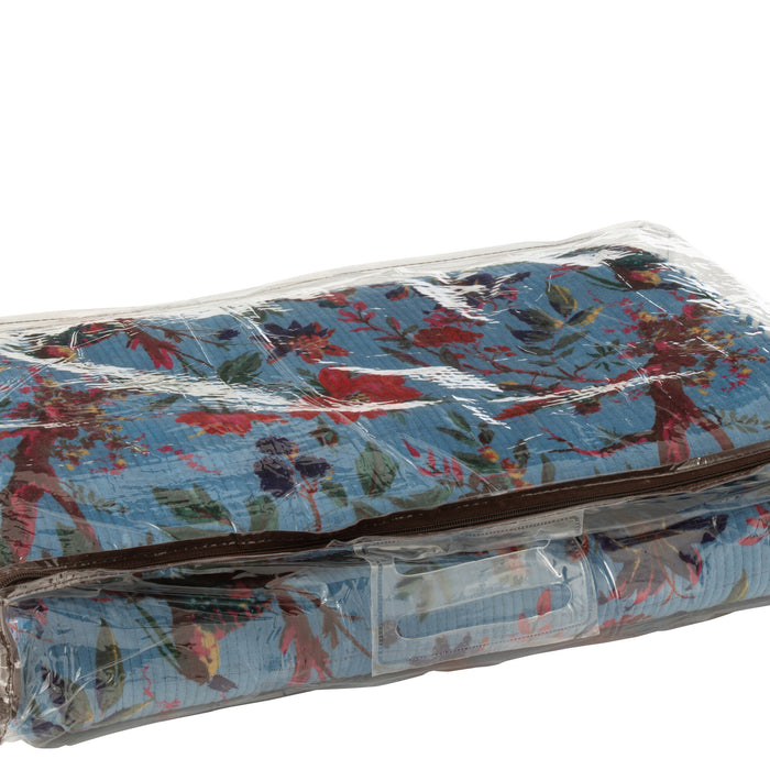 J-Line deken vogels|bloemen - katoenfluweel - blauw