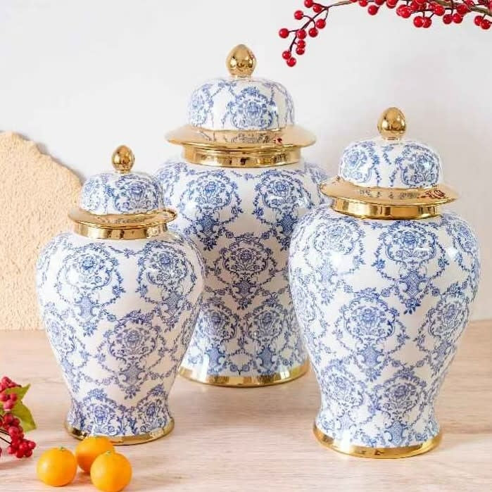 Fine Asianliving Chinese Gemberpot Blauw Wit Goud