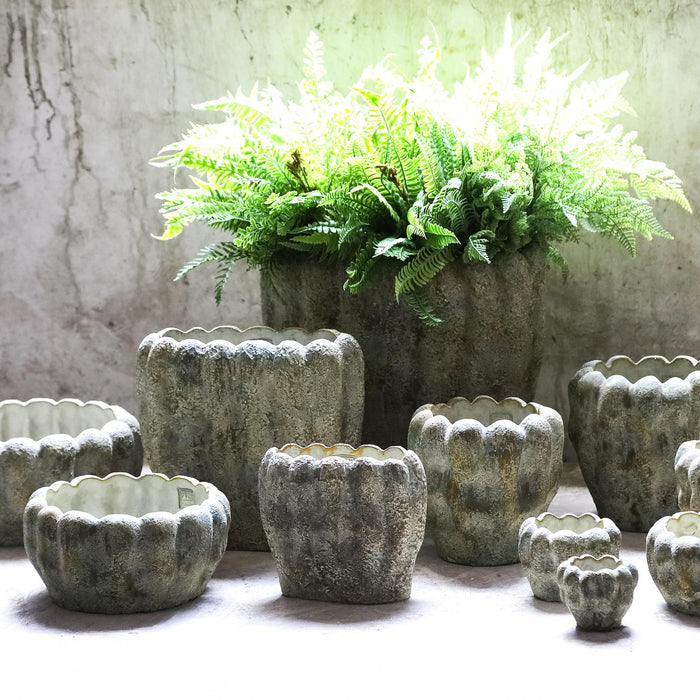 PTMD Contina Green Oval Cement Pot Thick Wavy L