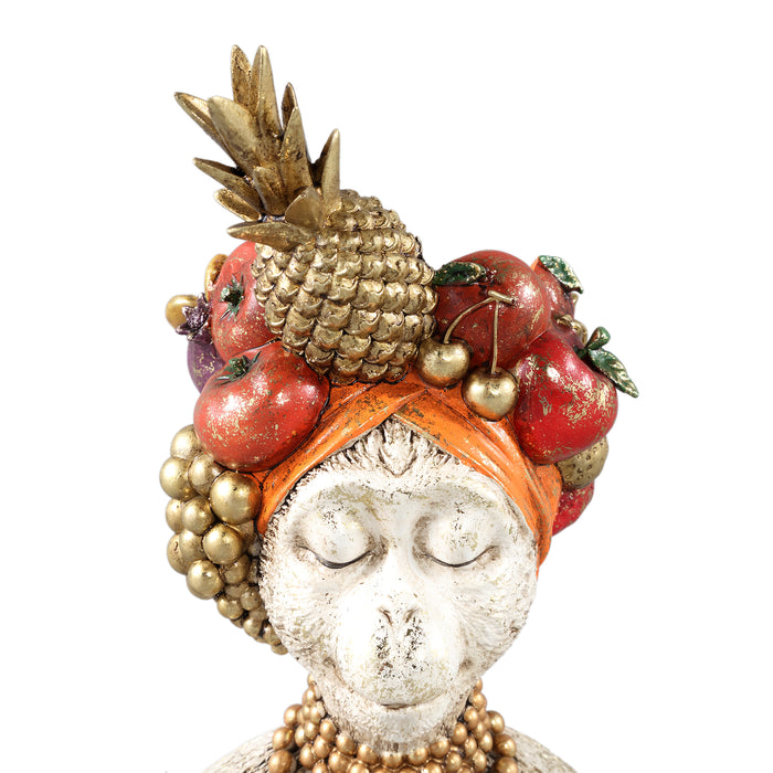 PTMD Kaliesa White Poly Monkey Statue With Fruits Round