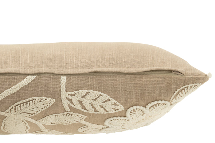 J-line - Kussen Bloemen Borduurwerk Katoen Greige|creme - 50x35x15cm
