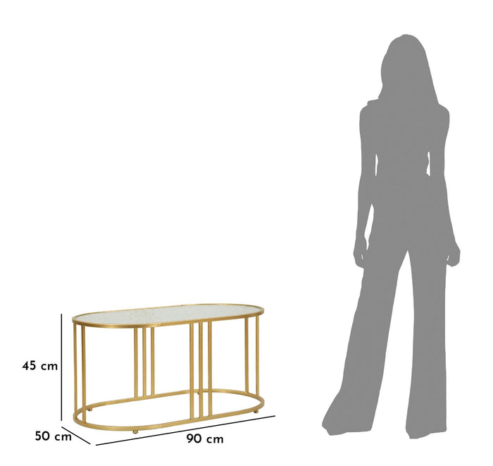 Salontafel in goudkleurig metaal en glas cm 90x50x45
