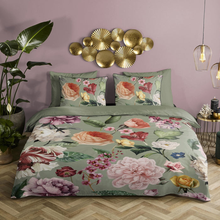 Descanso Dekbedovertrek Biologische Katoen Satijn Fiori - green