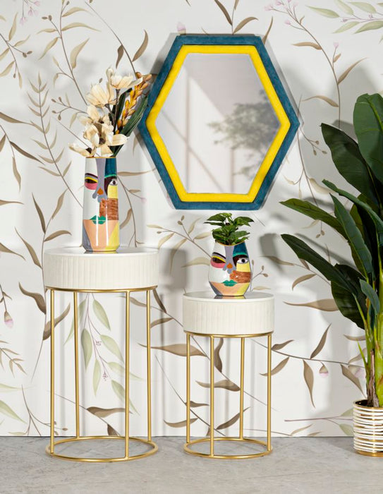 Ronde hoge tafels set van 2 in crèmekleurig fluweel cm ø 50x90-40x70