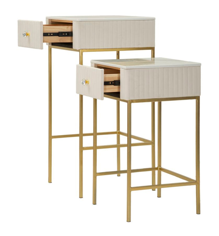 Hoge vierkante tafels set van 2 in crème fluweel cm ø 45x90-40x70