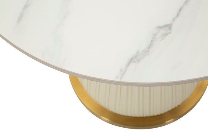 Salontafel in crème leer met marmeren blad cm ø 60x54