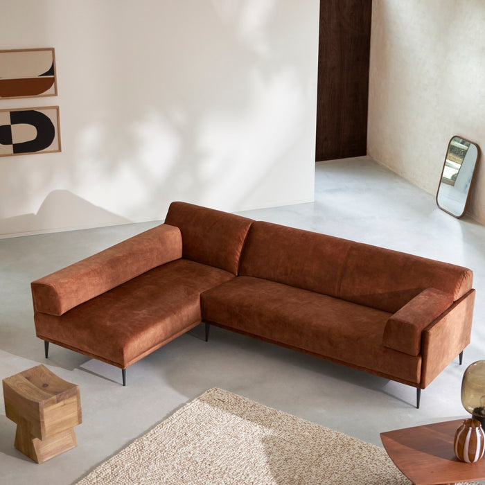 Tikamoon - Hoekbank met hoek links in terracottabruin fluweel 270 x 180 cm Finn, 4-zit