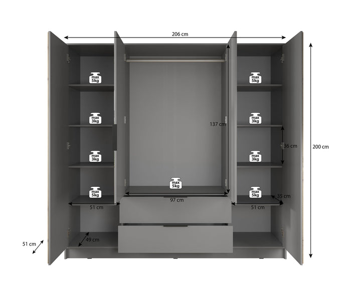 Meubella - Kledingkast Nairobi - Eiken - Zwart - 206 cm