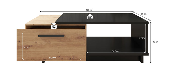 Meubella - Salontafel Incala - Eiken - Zwart - 120 cm