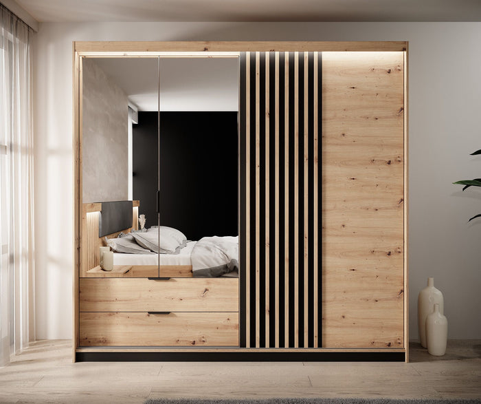 Meubella - Kledingkast Tasha - Eiken - Antraciet - 220 cm- Spiegel