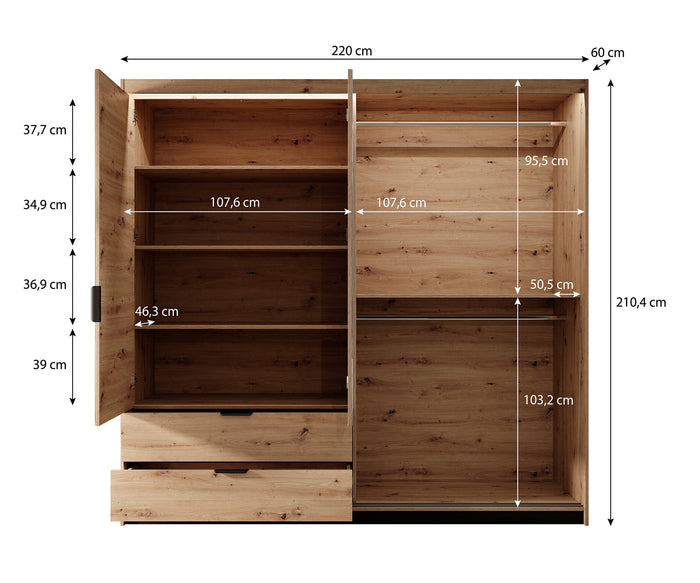 Meubella - Kledingkast Tasha - Eiken - Antraciet - 220 cm- Spiegel