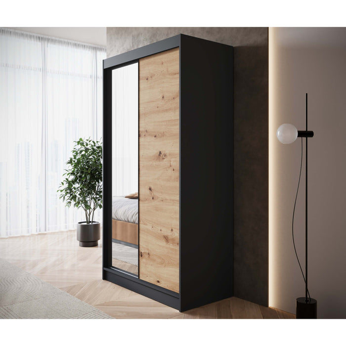 Meubella - Kledingkast Epirus - Zwart - 120 cm - Met spiegel