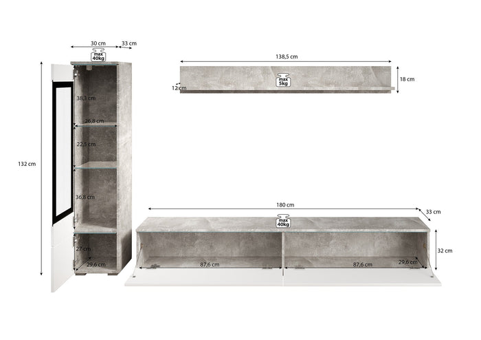 Meubella - Wandmeubel Verity - Wit - Betonlook