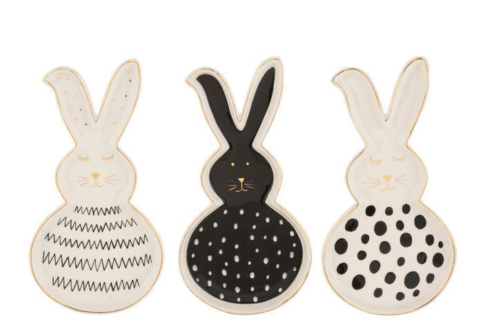 J-Line schaal Konijn - keramiek - zwart|wit|goud - large - 3 stuks - paasdecoratie