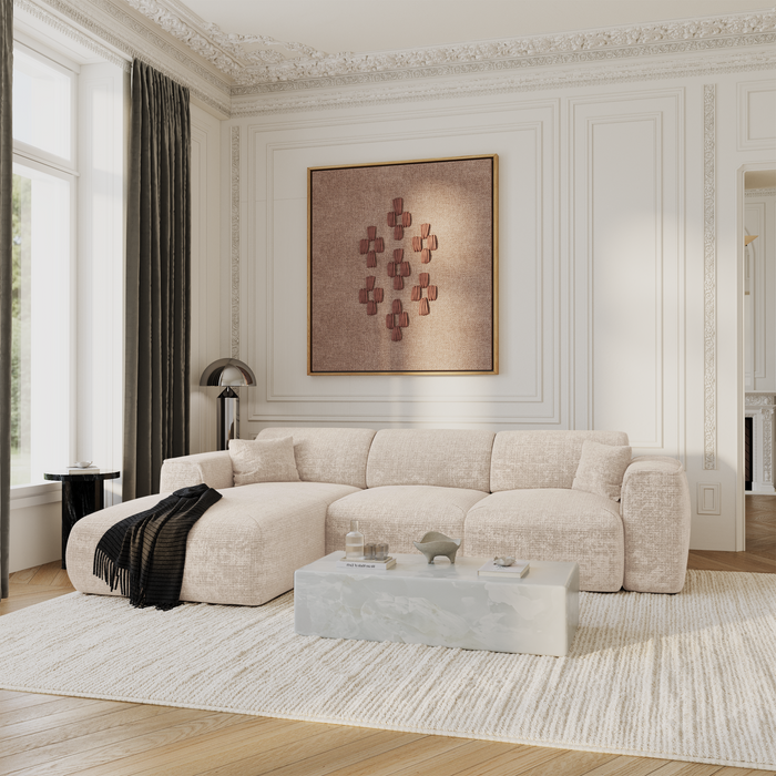 Slaapbank links hoek 5 zits fluweel reliëf crème