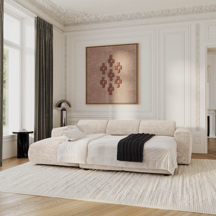 Slaapbank links hoek 5 zits fluweel reliëf crème