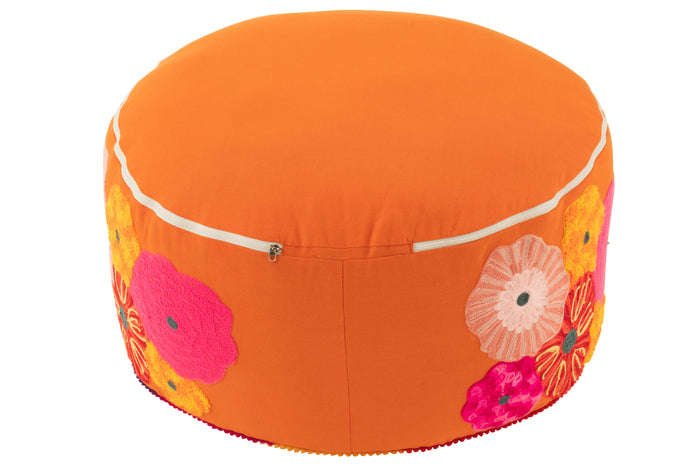 J-Line poef Rond Bloemen Geborduurd - katoen|polyester - oranje