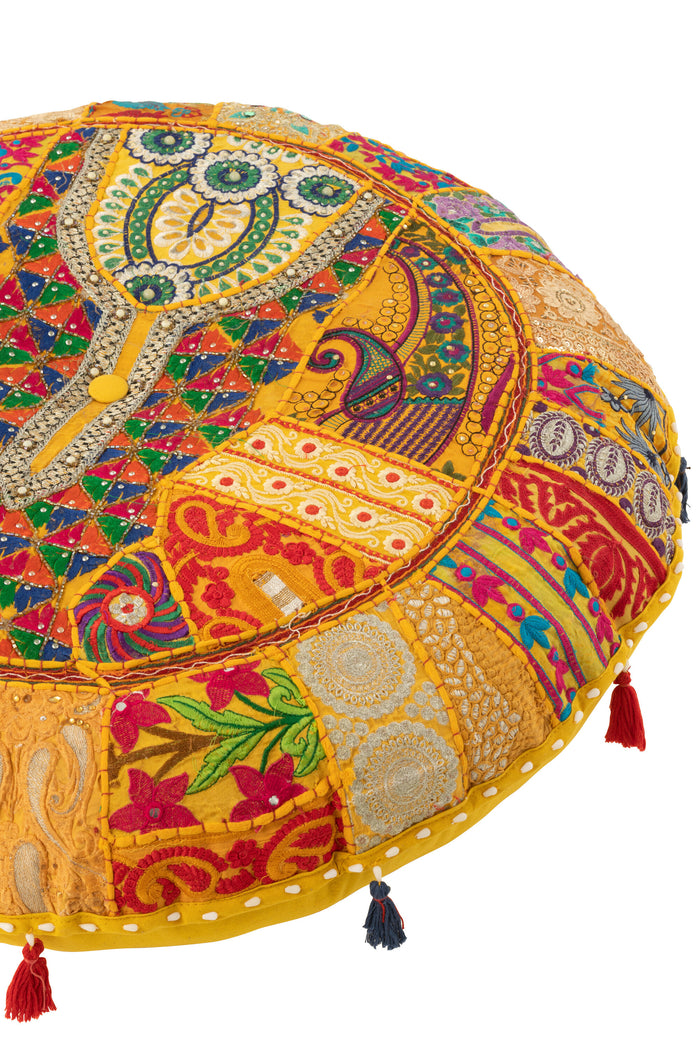 J-Line poef rond plat patronen + kwasten - katoen - geel