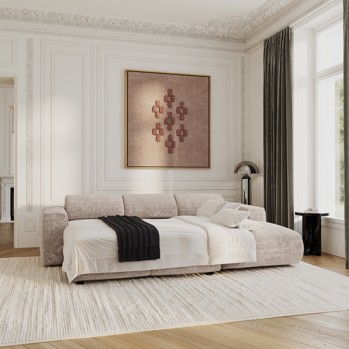 Hoekbank rechts, geschikt voor 5 personen, beige fluweel met reliëf