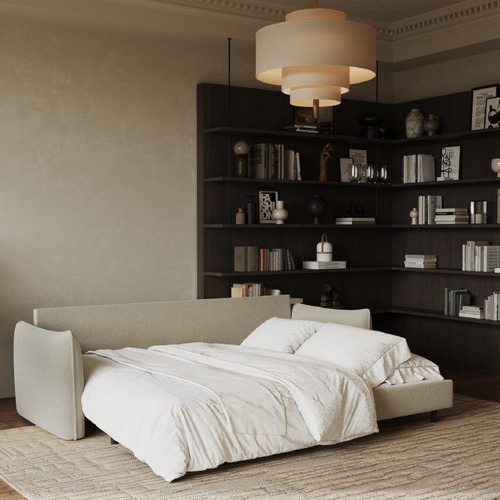 3-zits slaapbank in beige geweven stof 213cm