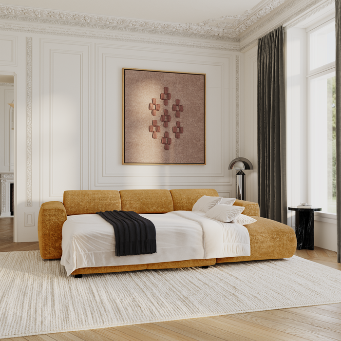 5-zits hoekbank in mosterdgeel fluweel met reliëf