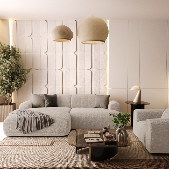 Hoekbank links, 4 zitplaatsen, beige fluweel met patroon, 266 cm