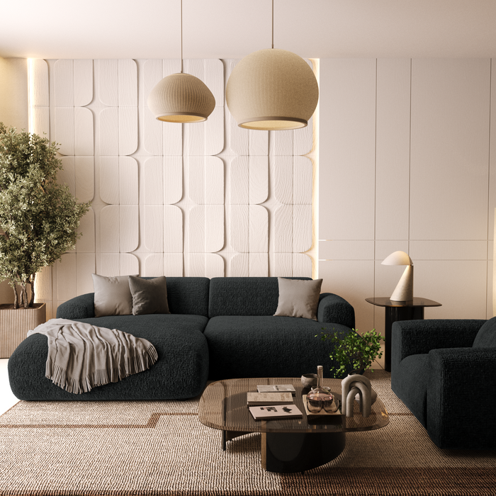 Hoekbank links, 4 zitplaatsen, zwart fluweel met patroon, 266 cm