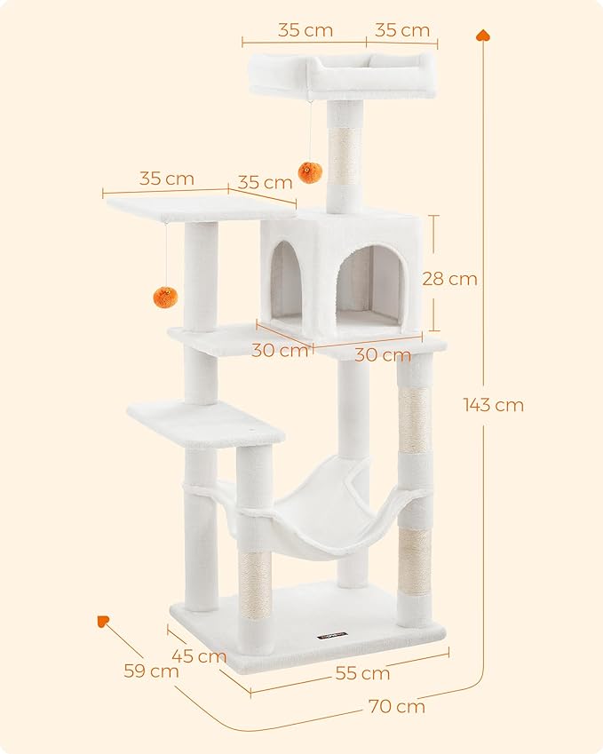 ACAZA Krabpaal voor meerdere Katten - Kat Condo met Hangmat - Kattenpaal - 143 cm - Wit