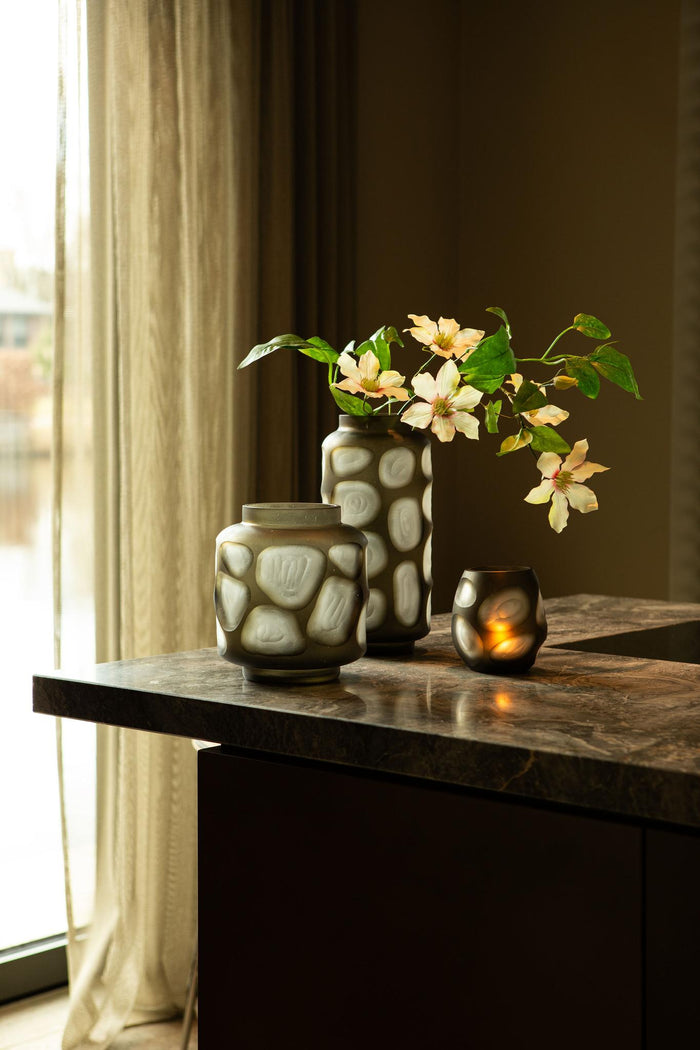 PTMD Azize Green Carved Glass Round Vase On Base L