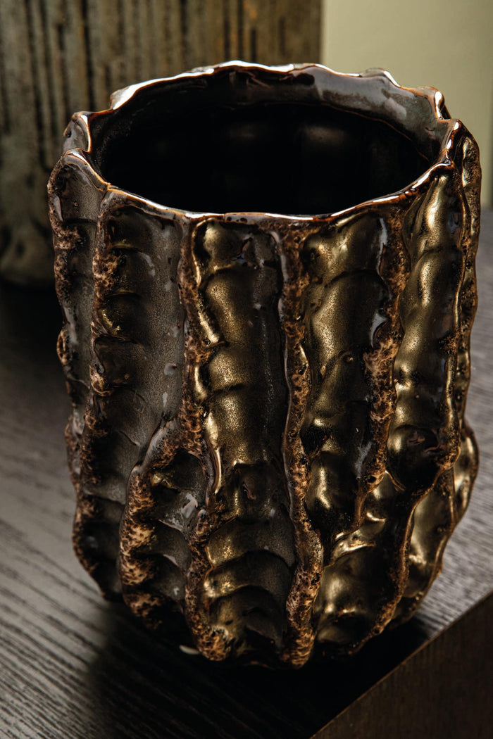 PTMD Vikton Brown Round Ceramic Pot Rough Pattern XL