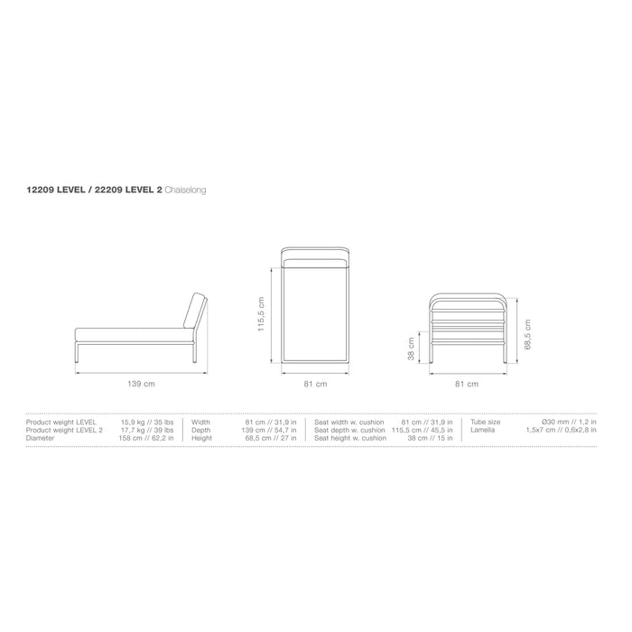 Level2 Chaise Longue ligbed frame donkergrijs stof ash